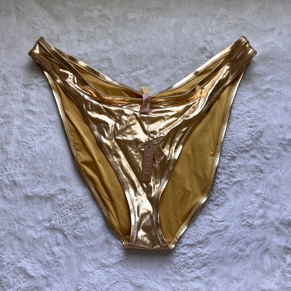 SKIMS Metallic Swim Dipped Front Bikini Bottom Gold SW-BKN-0032 Plus Size 4X NEW
